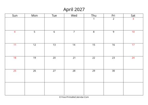 Free Printable Calendar April 2027 Weeks Start On Sunday