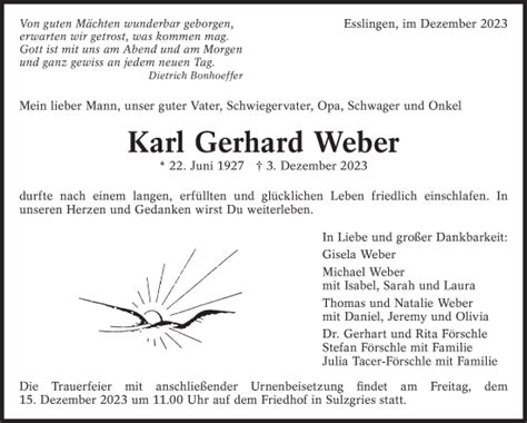 Traueranzeigen Von Karl Gerhard Weber Zeit Des Gedenkens De