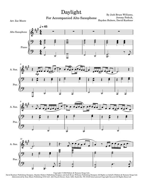 Daylight Arr Zac Moore By David Kushner Sheet Music For Alto Sax And