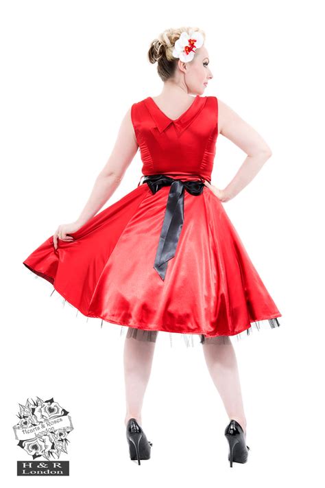 Red Satin 50s Prom Swing Dress Hearts And Roses London