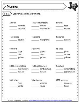 Teks Test Measurement Conversions By Educational Emporium