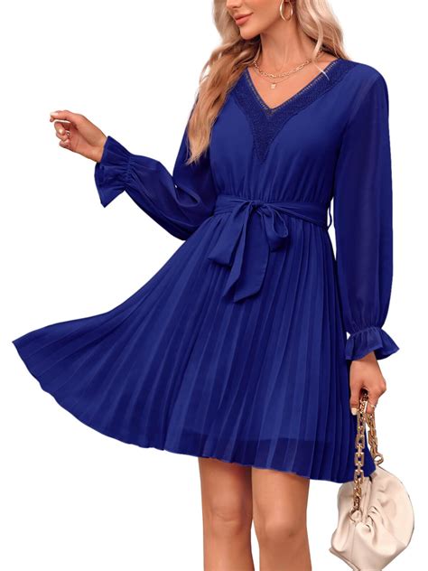 Stock Pic For Reference Only Wenrine Womens V Neck Long Sleeve Mini Dresses Ruffle Pleated