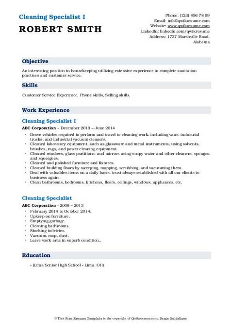 Cleaning Specialist Resume Samples Qwikresume