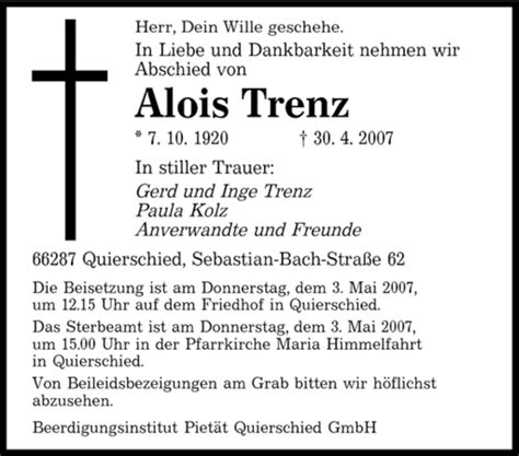 Traueranzeigen Von Alois Trenz Saarbruecker Zeitung Trauer De