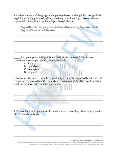 Lord Of The Flies Chapter Close Reading Analysis Worksheet Made By