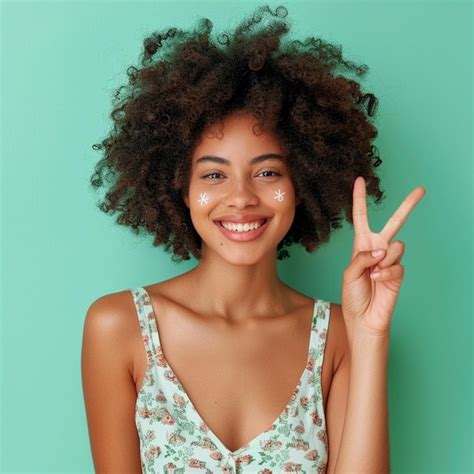 Premium Photo Woman With Curly Hair Is Making A Peace Sign