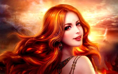 Download Earrings Orange Eyes Smile Redhead Fantasy Woman Hd Wallpaper