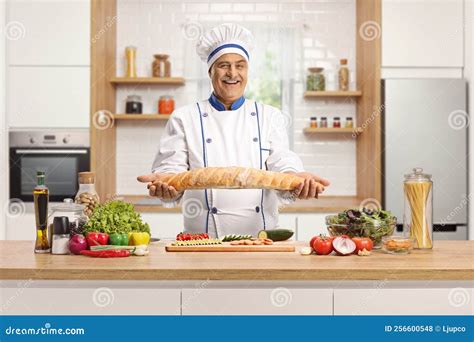 Cheerful Mature Male Chef Holding A Bread Behind A Kitchen Counter