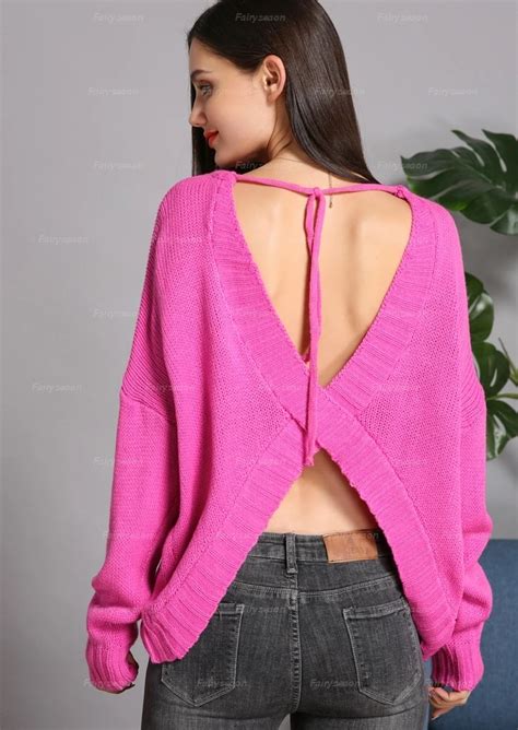 Sexy Backless Sweater Women Long Sleeve Pullovers Gray Rosered Sweaters