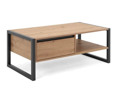 Table Basse Double Plateau Effet Chêne Et Métal Noir 100 Cm Nora