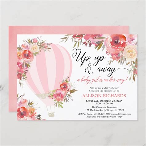 Blush Pink Floral Hot Air Balloon Girl Baby Shower Invitation Zazzle
