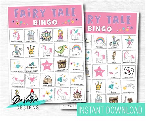 Fairy Tale Bingo Game Set Of Cards Call Cards Unicorns Princess