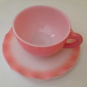 Vintage Hazel Atlas Pink Tea Cups And Crinoline Ruffled Saucer Nice