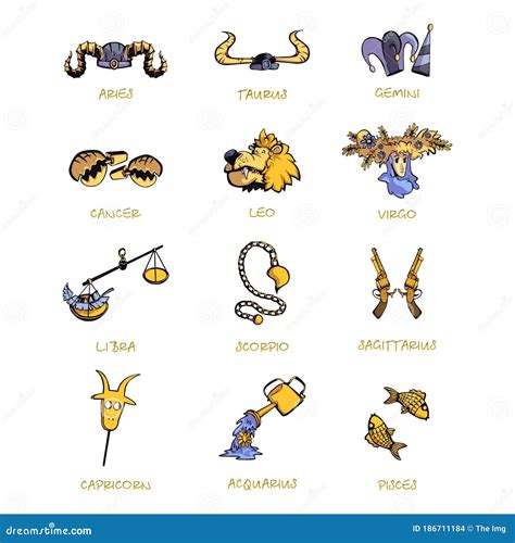 Twelve Zodiac Signs Accessories Flat Cartoon Vector Illustrations Set