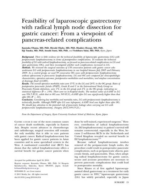 Pdf Feasibility Of Laparoscopic Gastrectomy With Radical Lymph Node