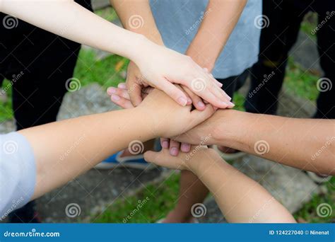 Hands Join Together As Commitment To Work As Strong Team Stock Photo