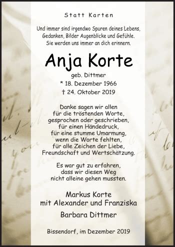 Traueranzeigen Von Anja Korte Noz Trauerportal