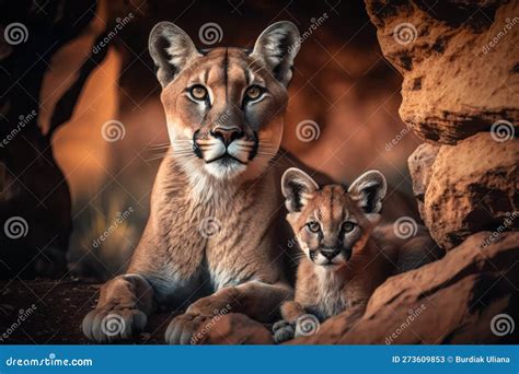 Puma with Cub in Natural Habitat. Generative AI Stock Illustration ...