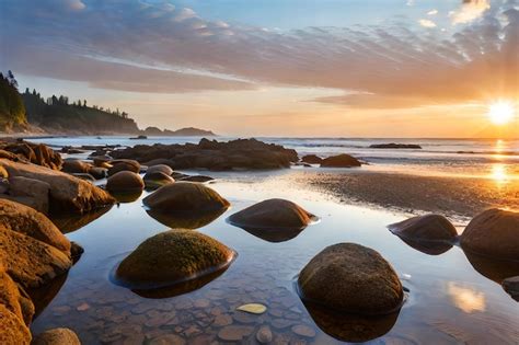 Premium AI Image | Sunset on the beach with rocks and a view of the ocean