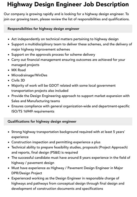 Highway Design Engineer Job Description Velvet Jobs