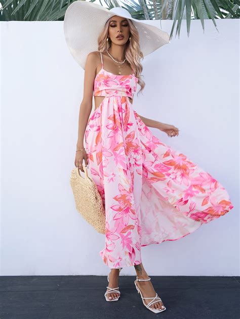 Shein Vcay Vestido De Tirantes Con Estampado Floral De Cintura Con