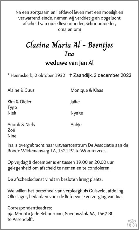 Clasina Maria Ina Al Beentjes Overlijdensbericht En