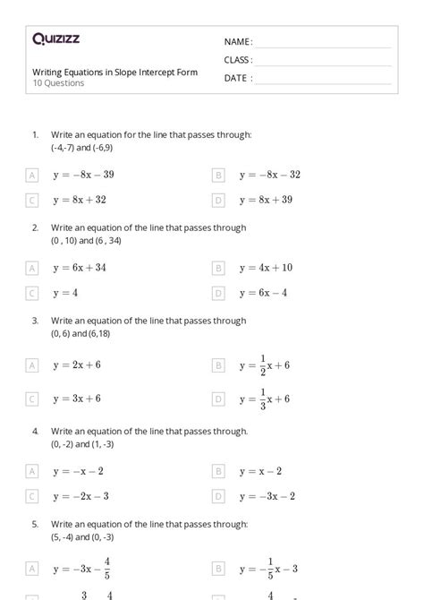 50 Slope Intercept Form Worksheets For 7th Grade On Quizizz Free