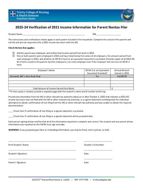 Fillable Online 2023 24 Verification Parent Nontax Filer Form Fax