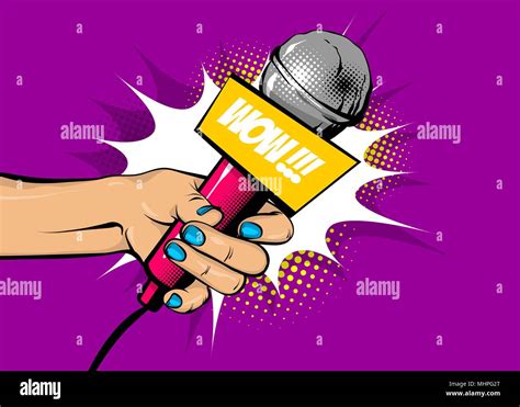 Woman Pop Art Hand Hold Microphone Wow Stock Vector Image And Art Alamy