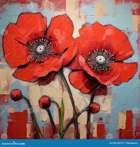 Bold And Textured Two Red Poppies Painting On Blue Background Stock