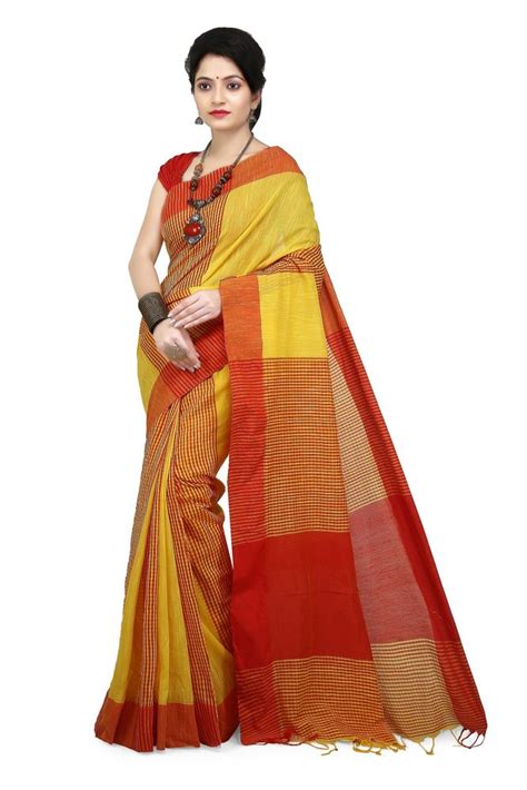 Casual Wear Yellow Woodentant Pure Cotton Checks Saree With Blouse