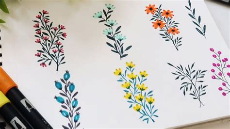 How to draw/ doodle flowers & leaves using Pen | Brush pen floral doodle... | Easy flower ...