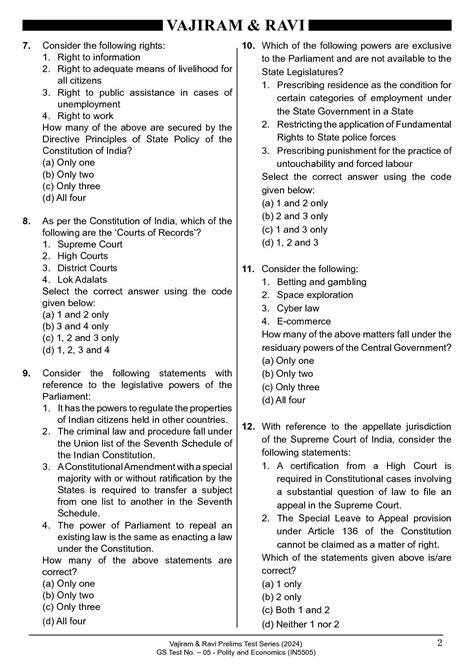 Vajiram And Ravi 2024 Inhouse Prelims Test 5 {polity And Economy} 2024 Final {5505} English