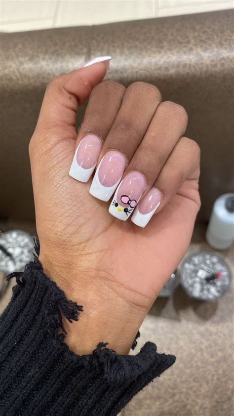 Hello Kitty French Tips In 2023 Hello Kitty Nails Short Acrylic Nails Designs Colored