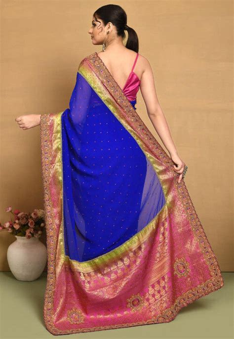 Buy Hand Embroidered Georgette Saree In Royal Blue Online SEH4706