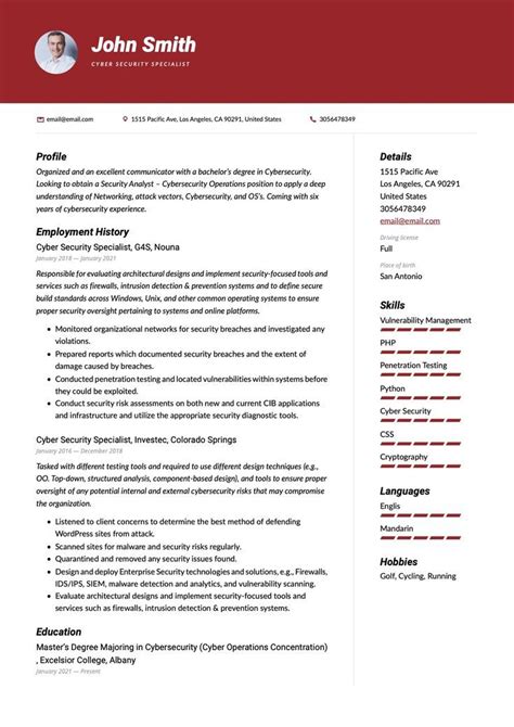 Modern Cyber Security Specialist Resume Red Example Guided Writing