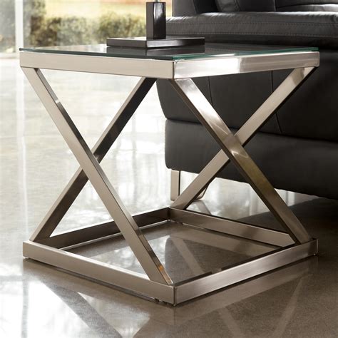 Coylin Brushed Metal Square End Table With Clear Tempered Glass Top