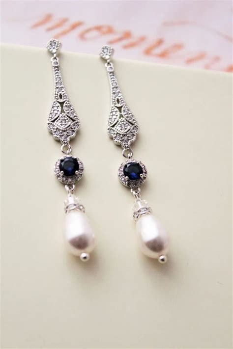 Vintage Style Silver Blue Bridal Earrings Drop Wedding Earrings For