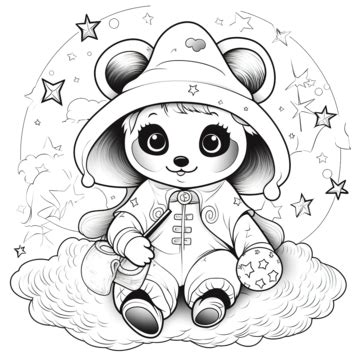 Coloring Book With A Cute Cartoon Halloween Witch Panda Front The Moon