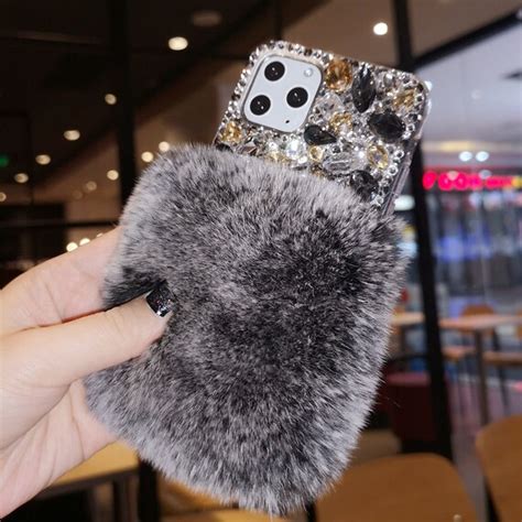 Colors Bling Cute Fluffy Fur Phone Case Fashion Rhinestones Diamonds