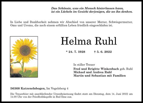 Traueranzeigen Von Helma Ruhl Rz Trauer De