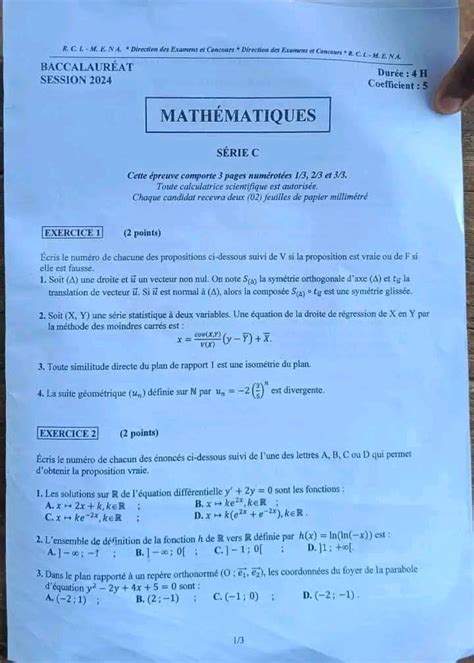 SUJET BAC 2023 MATHÉMATIQUES SERIE C COTE D IVOIRE