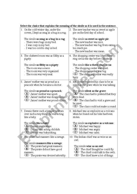 Simile And Metaphor Worksheet