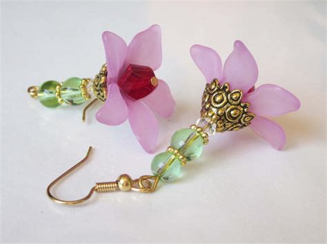 Beaded Pink Lucite Flower Earrings Lucite And Glass Crystal Etsy