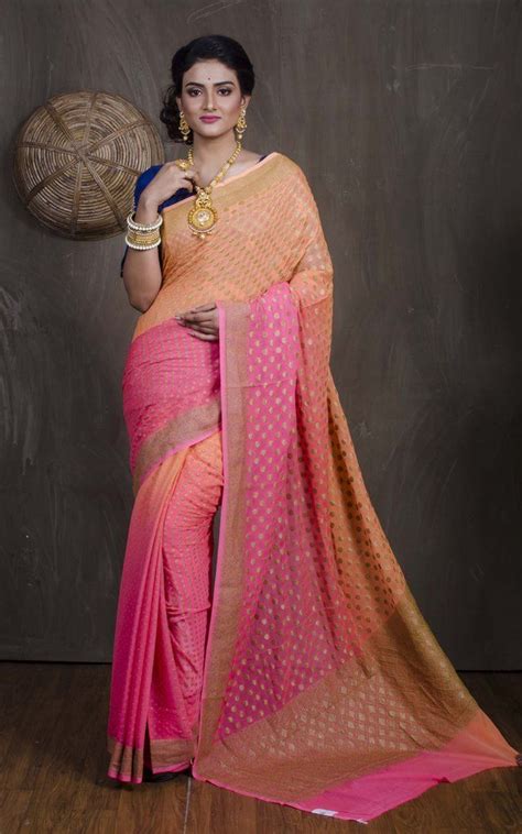 Khaddi Georgette Banarasi Saree In Orange And Pink Banarasi Sarees