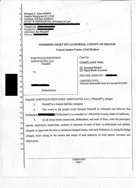 sued  portfolio recovery orange county ca summons  complaint