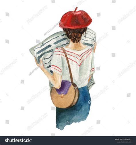 Handdrawn Watercolor Girl French Red Beret Stock Illustration