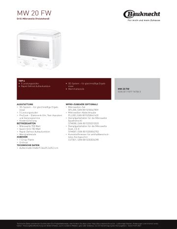 Bauknecht MW 20 FW Microwave Produktdatenblatt Manualzz