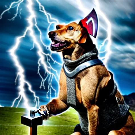 A Canine Thor Holding Hammer With Its Paw Dramatic Stable Diffusion