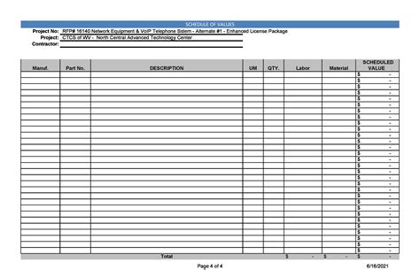 Free Schedule Of Values Template